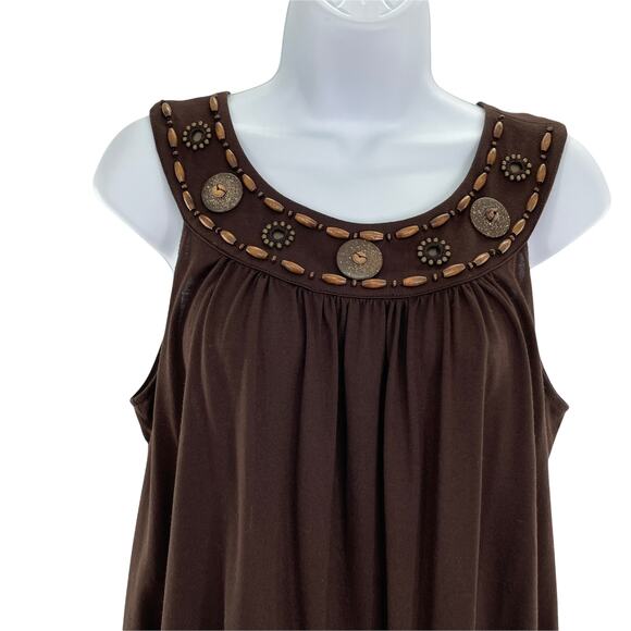 MICHAEL by MICHAEL KORS Brown Beaded Tank Top Shirred Scoop Neck Band Hem M - Picture 2 of 13